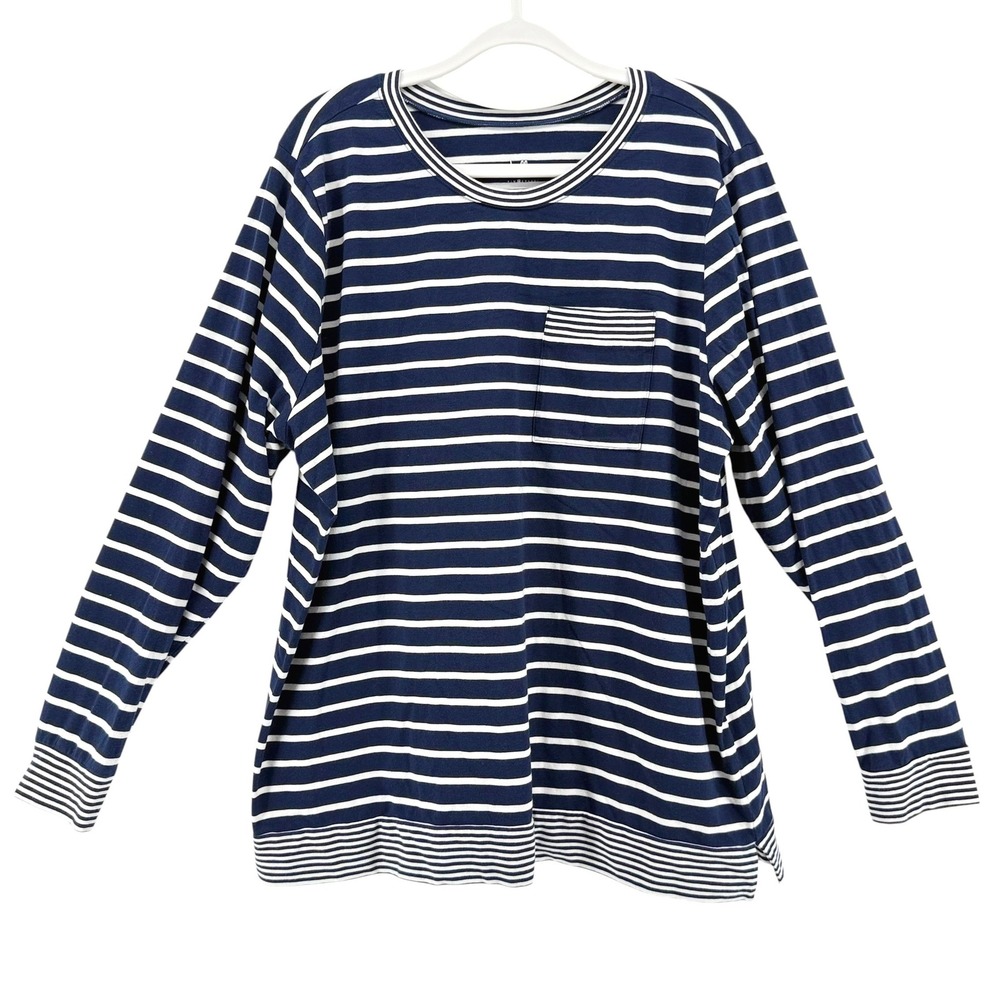 Belle Beach Kim Gravel Navy White Striped Long Sleeve Pocket Top XL Nautical